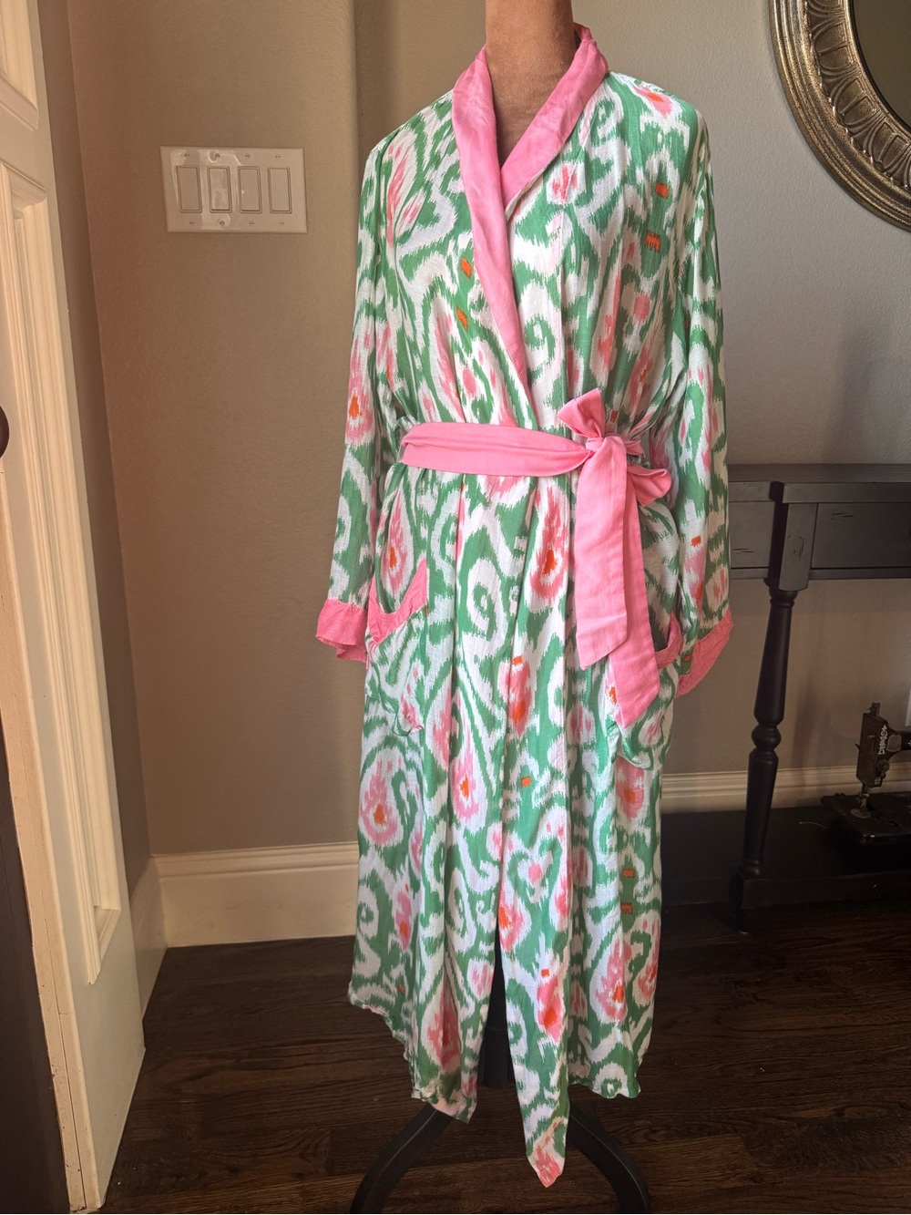 One Hundred Stars Ikat Robe Kimono Duster Pink Green Belted Modal Viscose OS